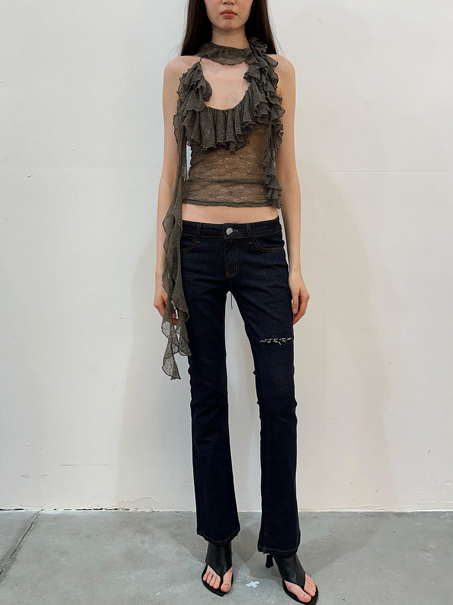 Dotyears Two-tone lace panel halterneck top