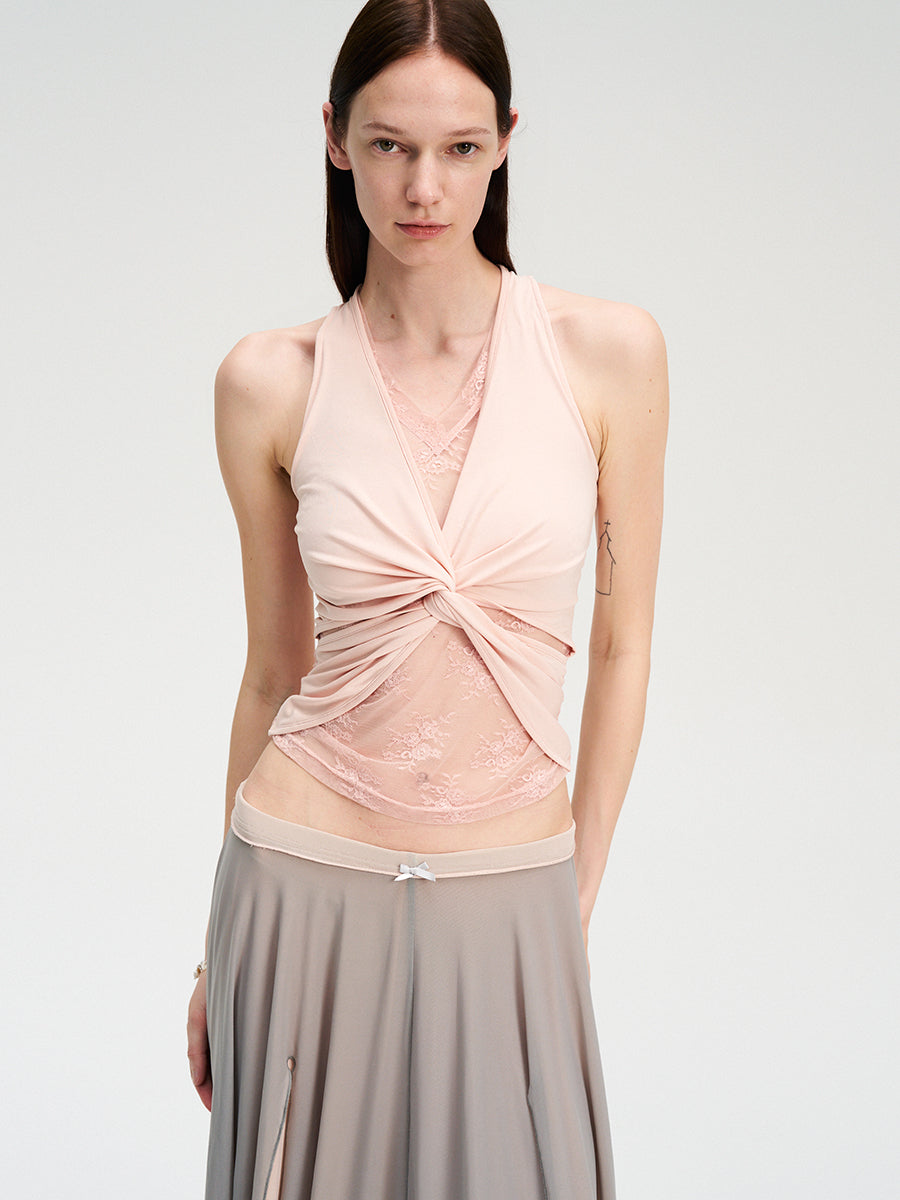 Dotyears two-tone lace panelled knitted kink vest