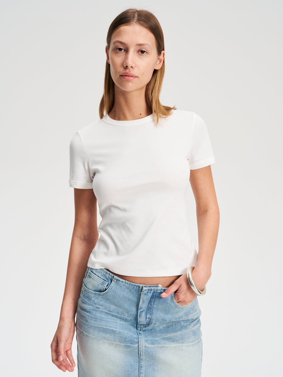 Hughum Shoulder-cinched, round-neck, slim-fit, cotton-like short-sleeved T-shirt