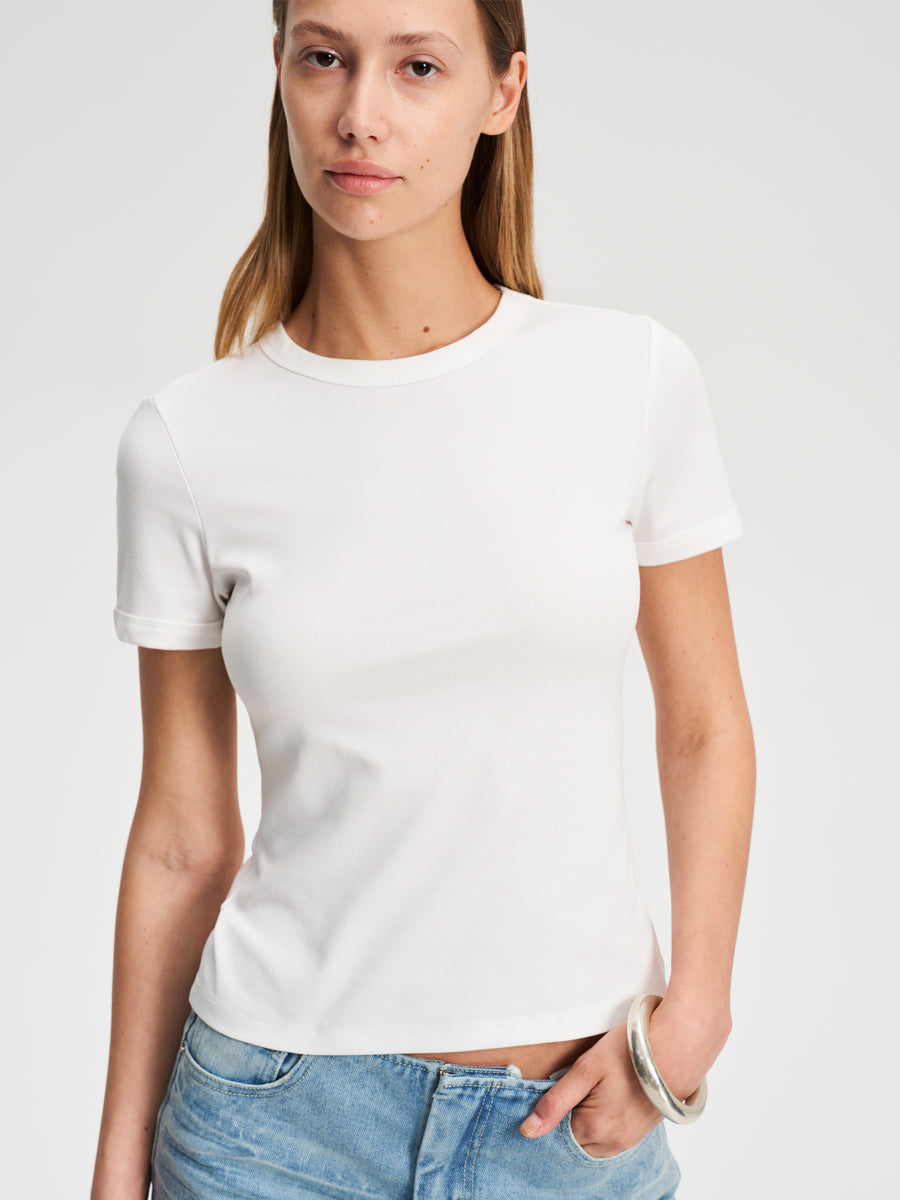 Hughum Shoulder-cinched, round-neck, slim-fit, cotton-like short-sleeved T-shirt