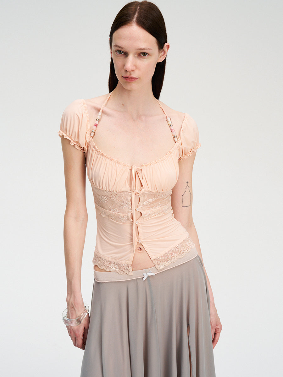 Dotyears Forest Whispers Series - Light-colored lace stitched beaded cardigan