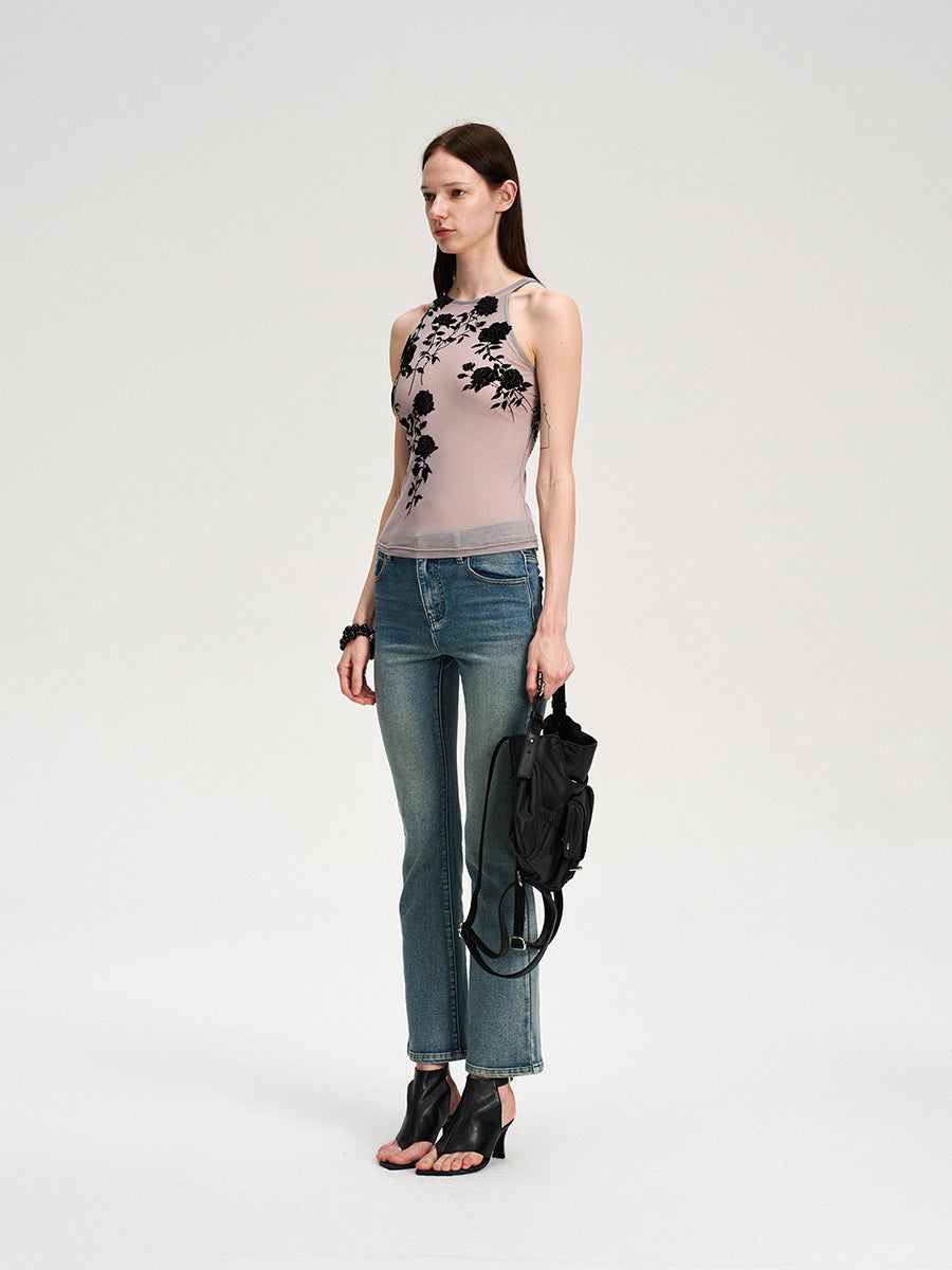 Dotyears flocked mesh flower purple vest