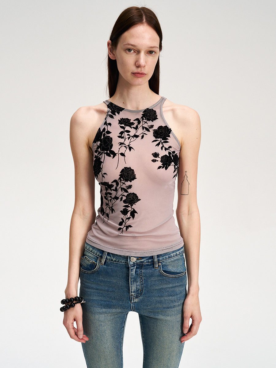 Dotyears flocked mesh flower purple vest