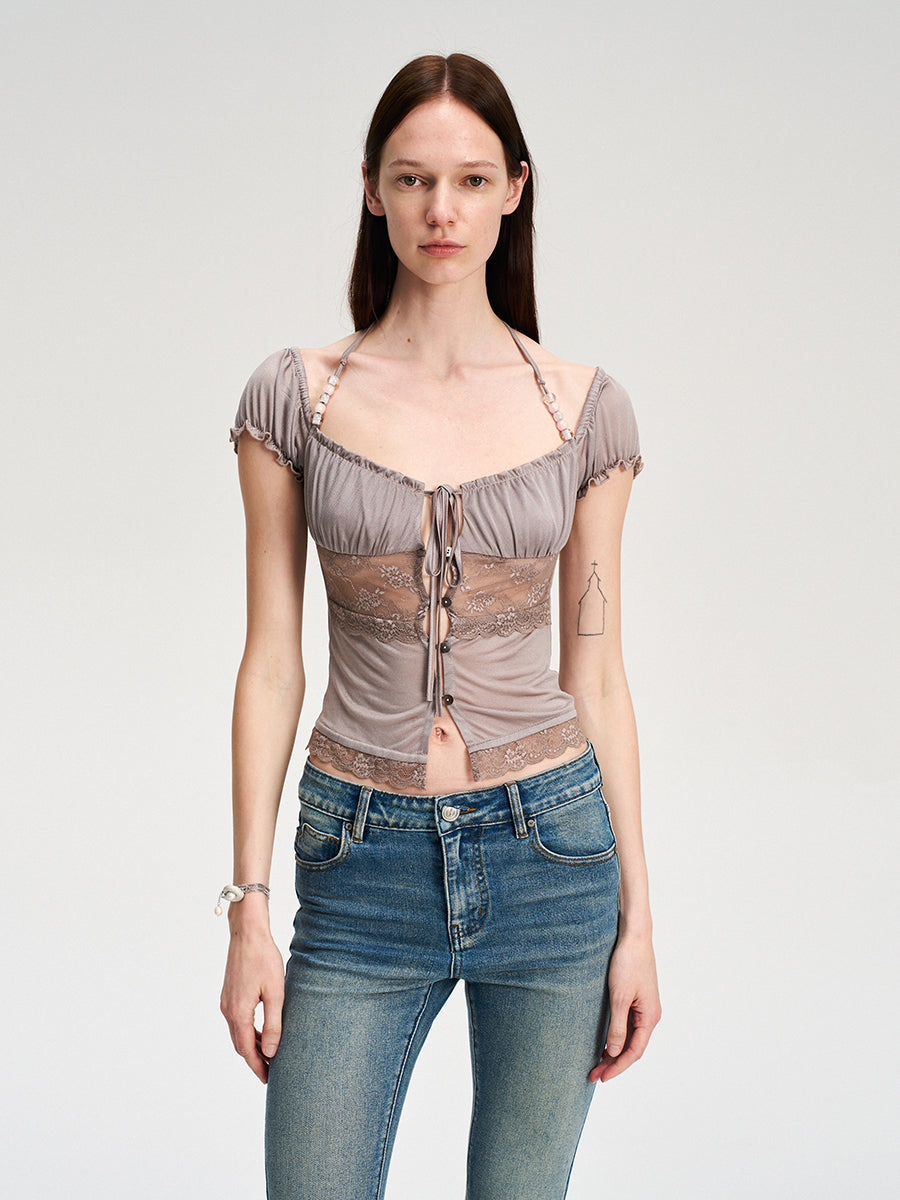 Dotyears Acetate lace panelled beaded cardigan