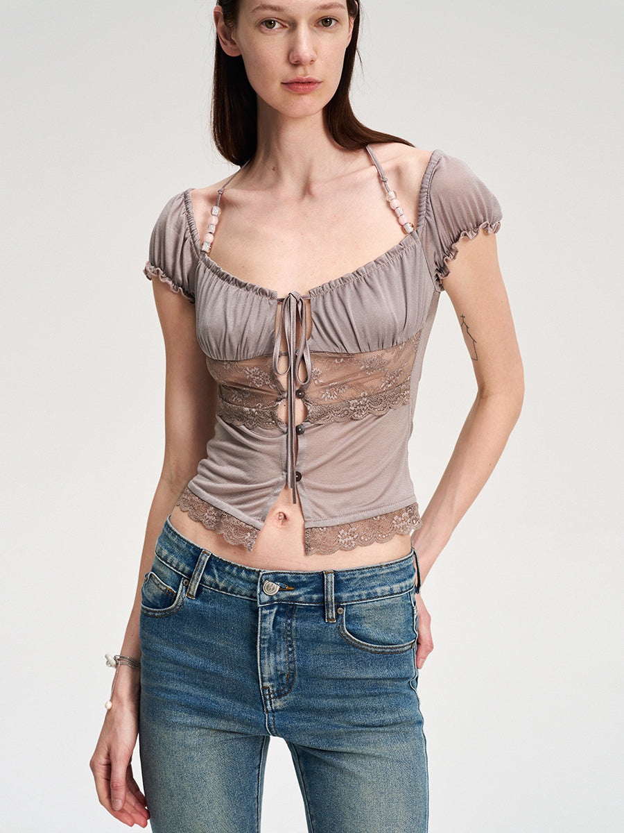 Dotyears Acetate lace panelled beaded cardigan