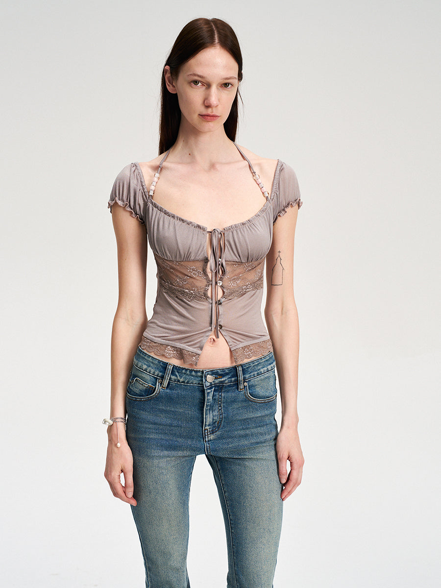 Dotyears Acetate lace panelled beaded cardigan