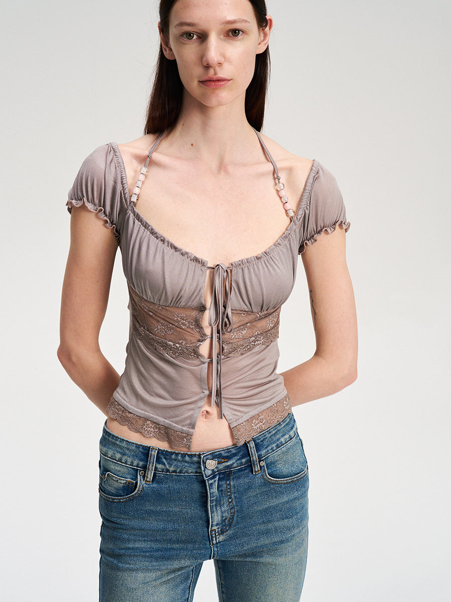 Dotyears Acetate lace panelled beaded cardigan