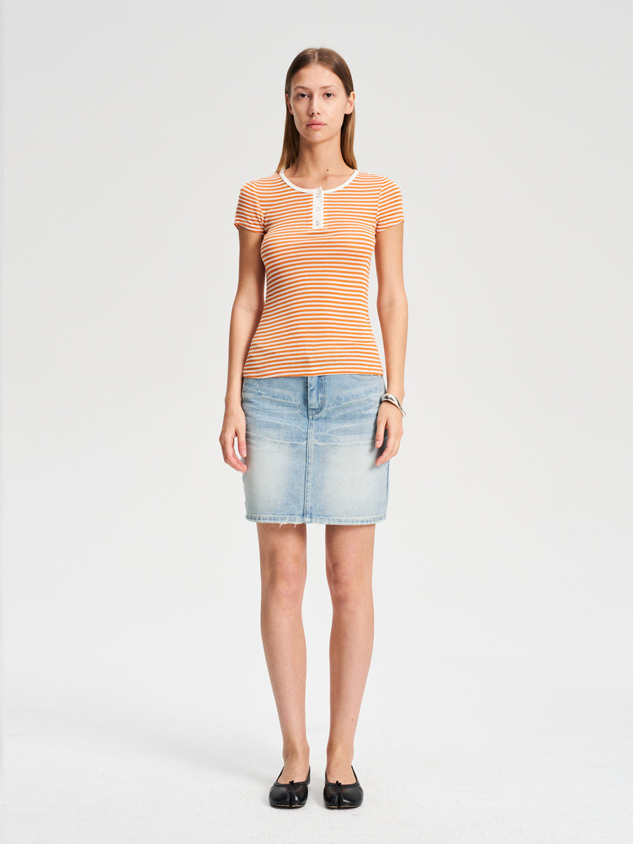 Hughum Orange navy blue sky silk knit crewneck waist T-shirt