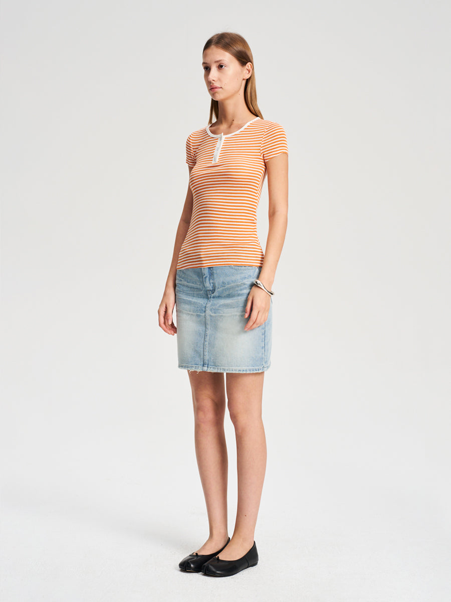 Hughum Orange navy blue sky silk knit crewneck waist T-shirt