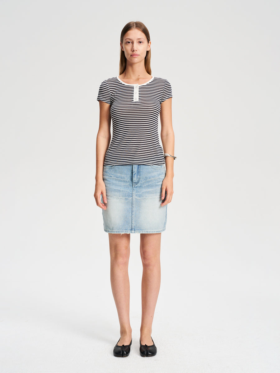 Hughum Orange navy blue sky silk knit crewneck waist T-shirt