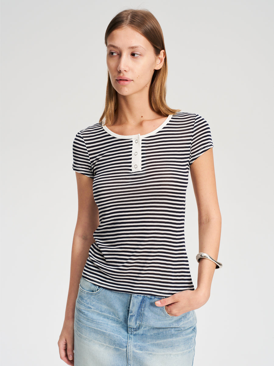 Hughum Orange navy blue sky silk knit crewneck waist T-shirt