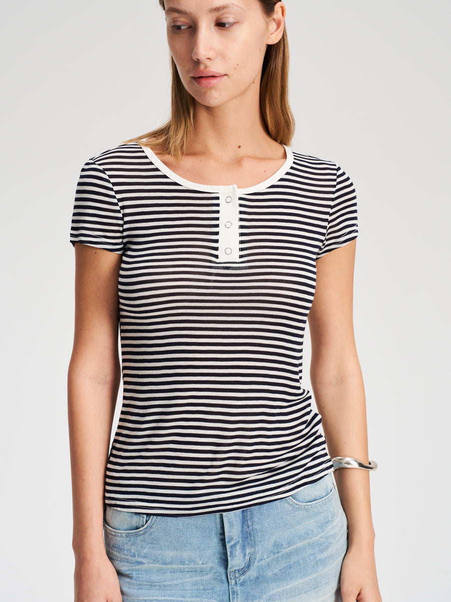 Hughum Orange navy blue sky silk knit crewneck waist T-shirt