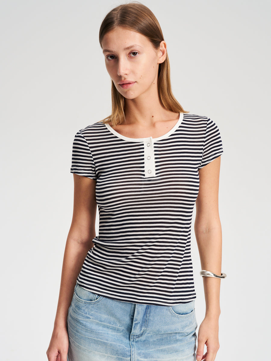 Hughum Orange navy blue sky silk knit crewneck waist T-shirt