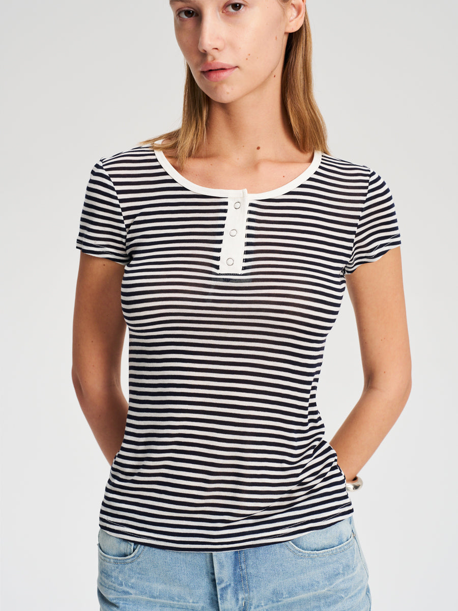 Hughum Orange navy blue sky silk knit crewneck waist T-shirt