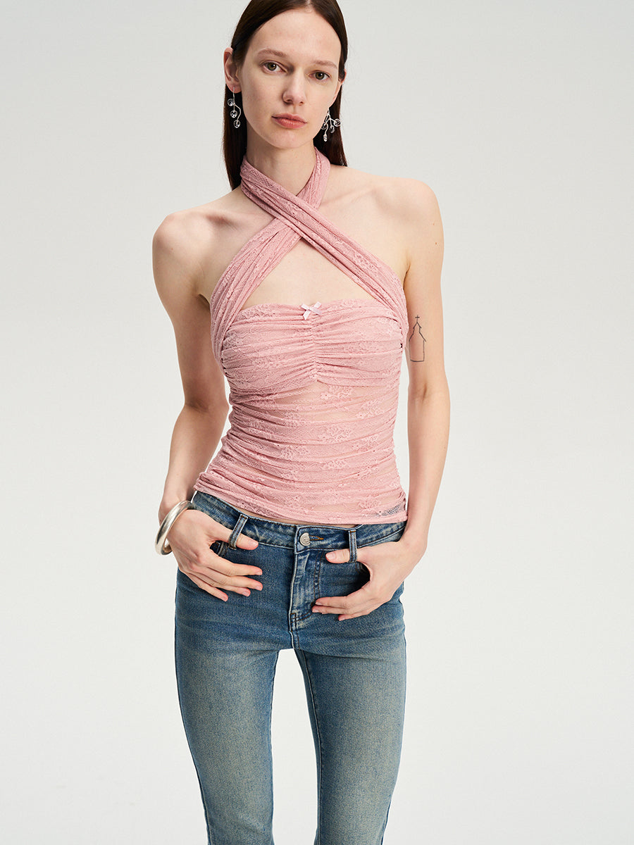 Dotyears  Two-tone lace bow charm with cross-neck suspenders