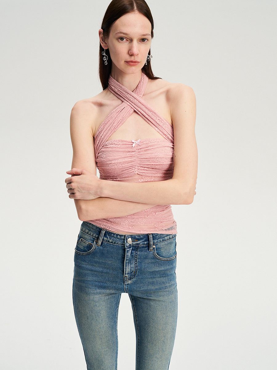 Dotyears  Two-tone lace bow charm with cross-neck suspenders