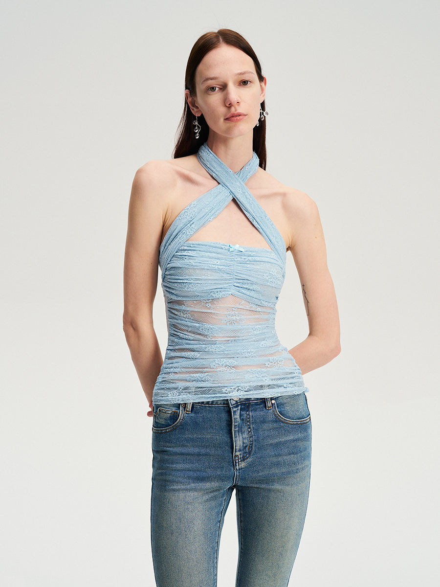 Dotyears  Two-tone lace bow charm with cross-neck suspenders