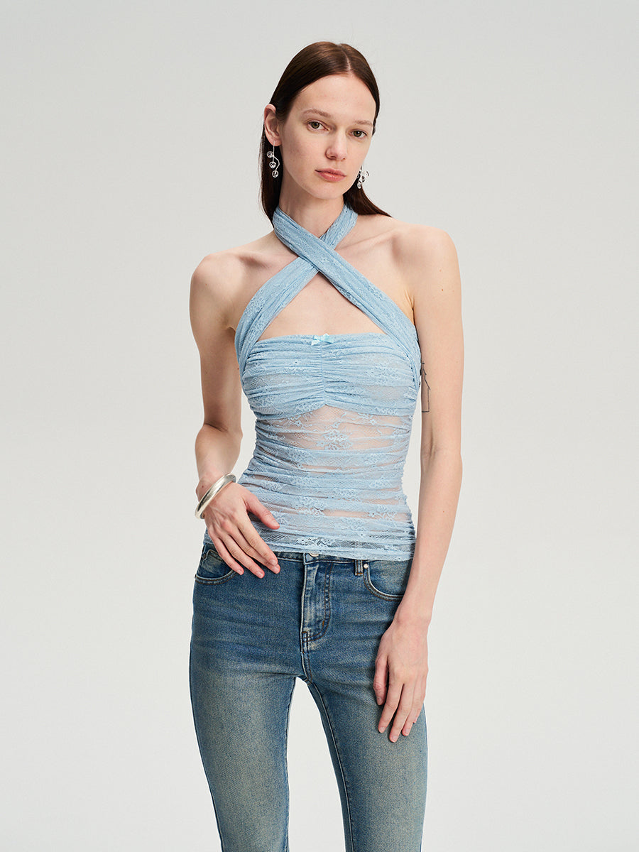 Dotyears  Two-tone lace bow charm with cross-neck suspenders