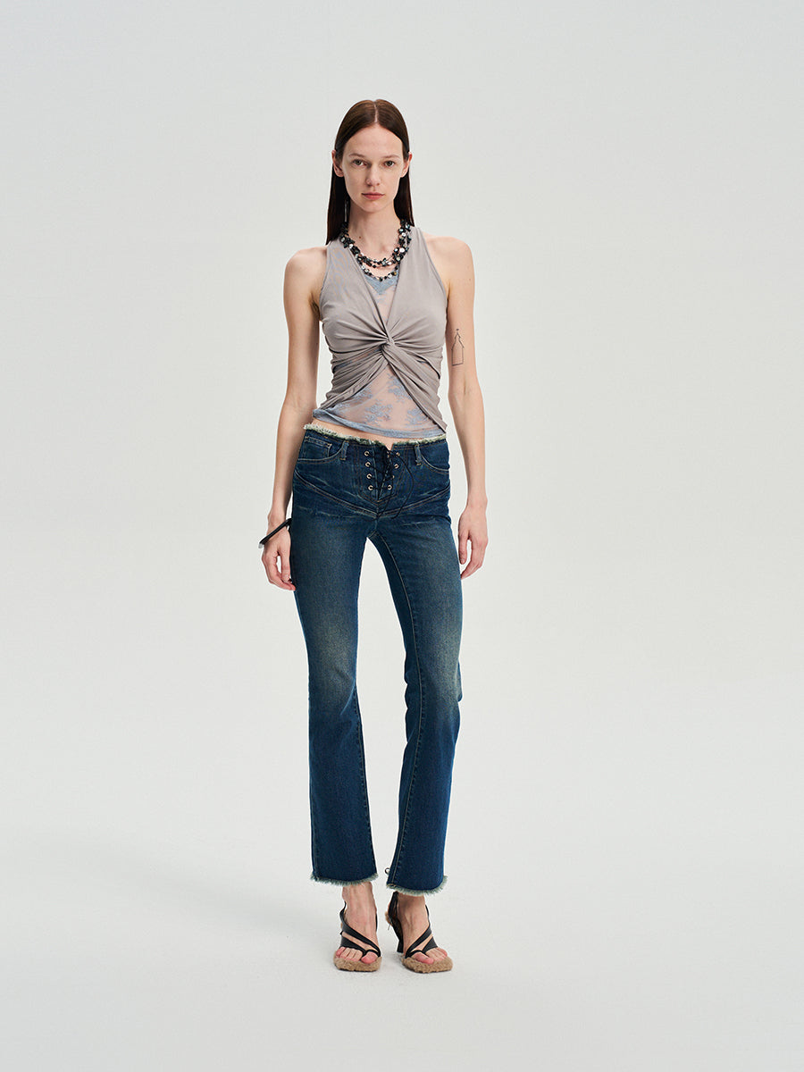 Dotyears two-tone lace panelled knitted kink vest