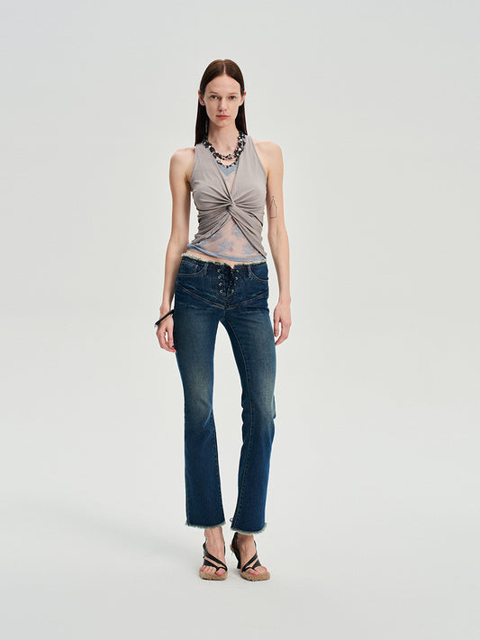 Dotyears two-tone lace panelled knitted kink vest