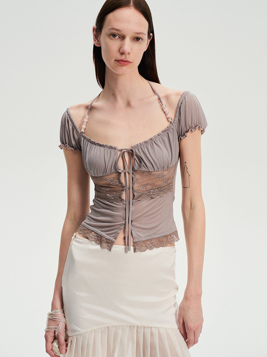 Dotyears Acetate lace panelled beaded cardigan