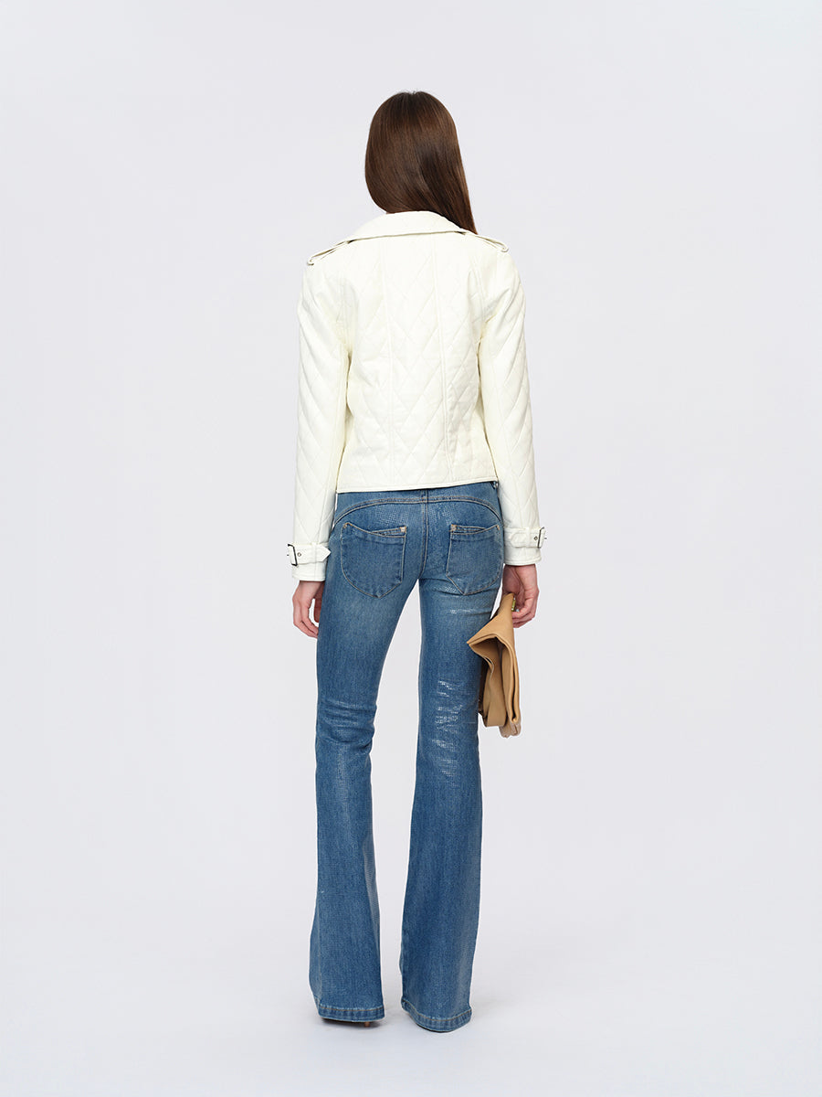 Dotyears White Slim-Fit Leather Jacket with Cotton-Knit Panels