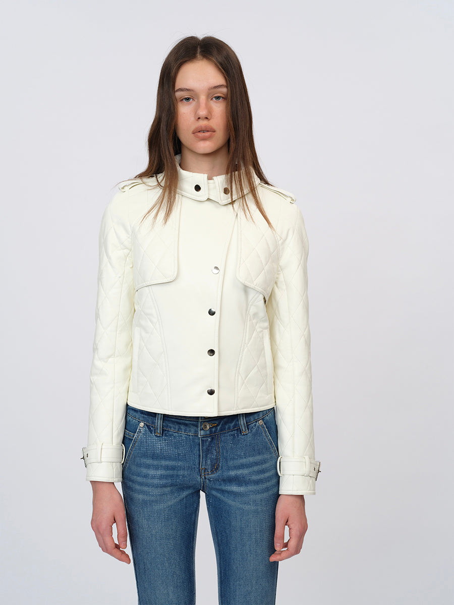 Dotyears White Slim-Fit Leather Jacket with Cotton-Knit Panels
