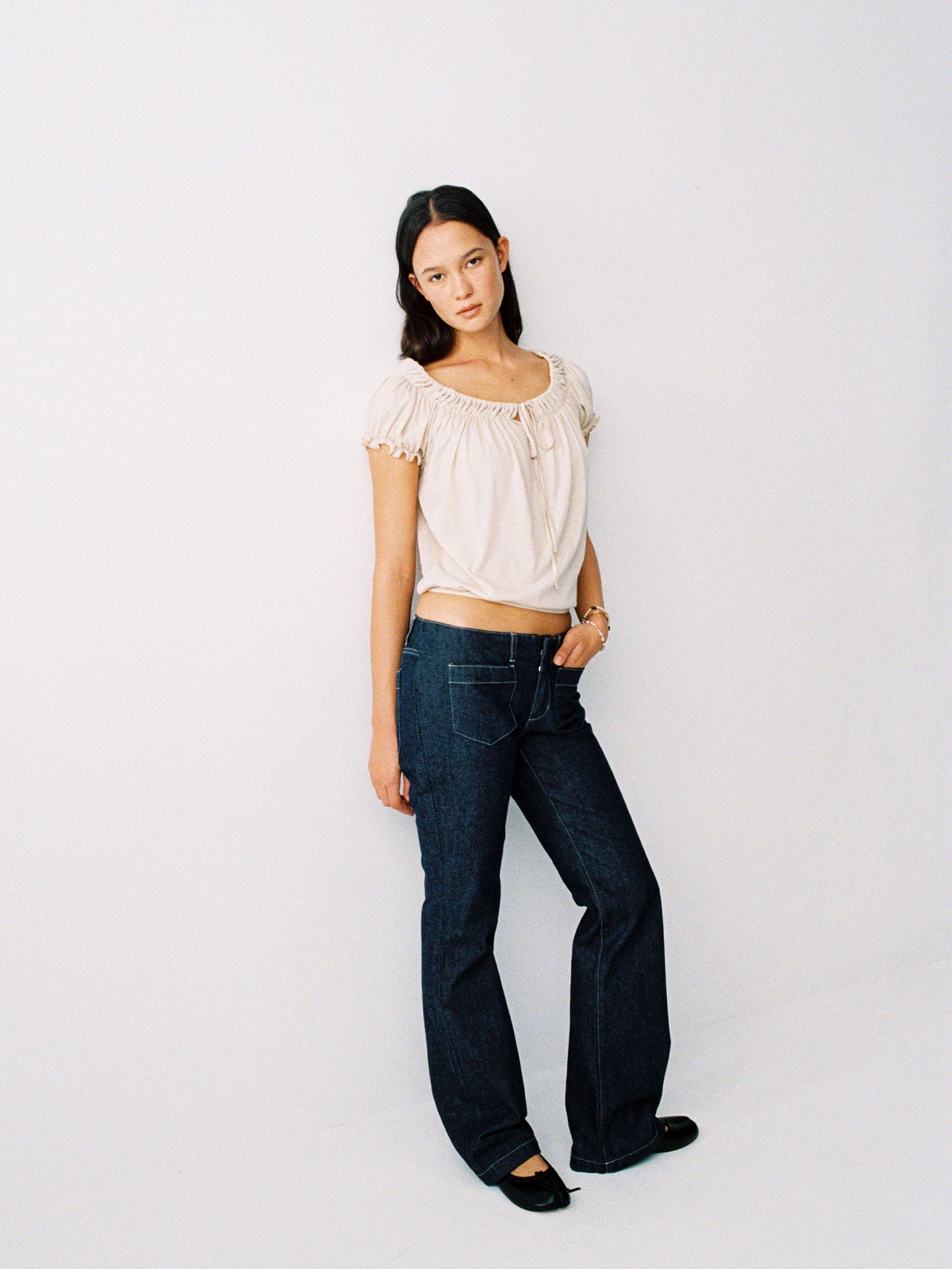 Hughum Cotton-Feel Drawstring Tie Short Sleeve Top