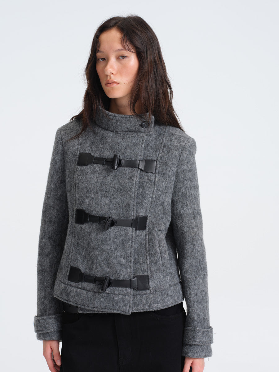 Hughum Gray Wool Coat with Leather Buttons