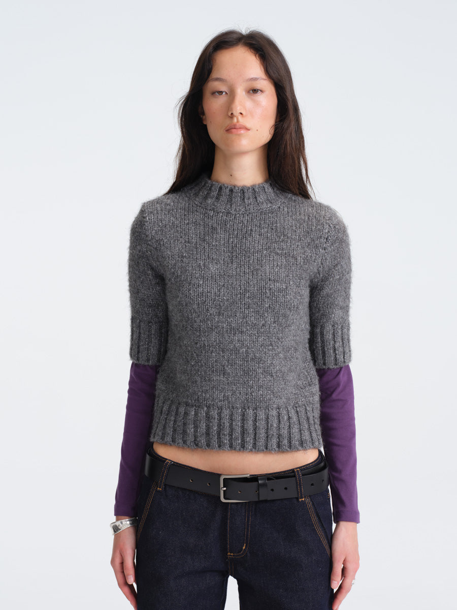 Hughum Gray Chunky Knit Mid-Sleeve Sweater