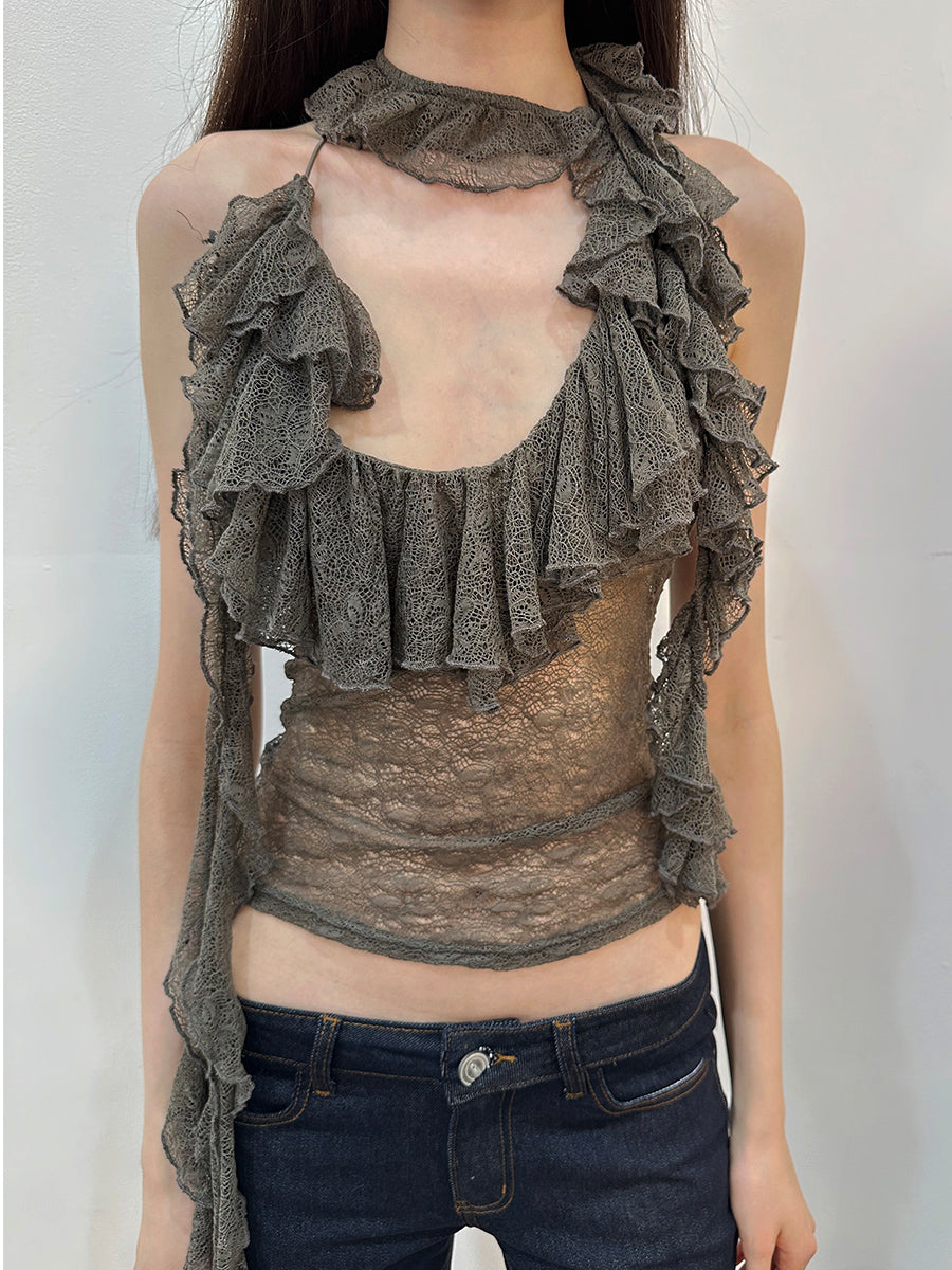 Dotyears Two-tone lace panel halterneck top