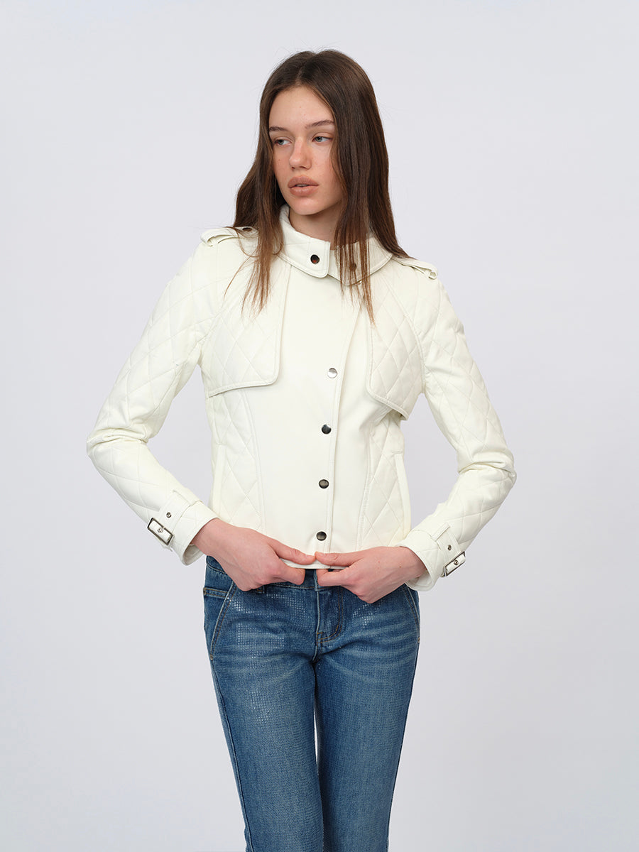 Dotyears White Slim-Fit Leather Jacket with Cotton-Knit Panels