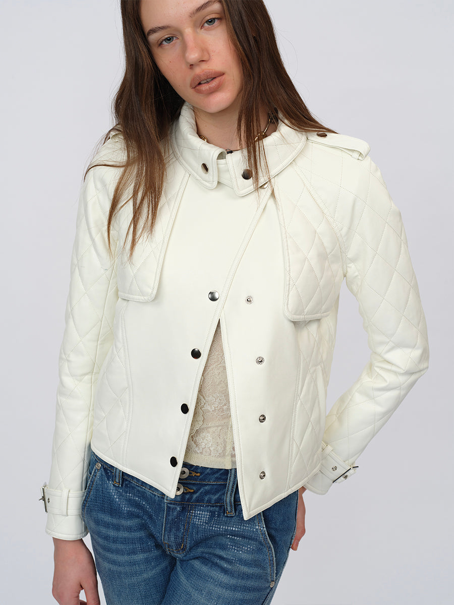 Dotyears White Slim-Fit Leather Jacket with Cotton-Knit Panels