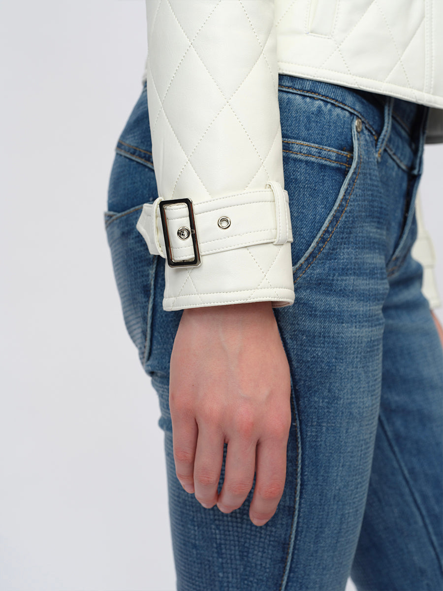 Dotyears White Slim-Fit Leather Jacket with Cotton-Knit Panels