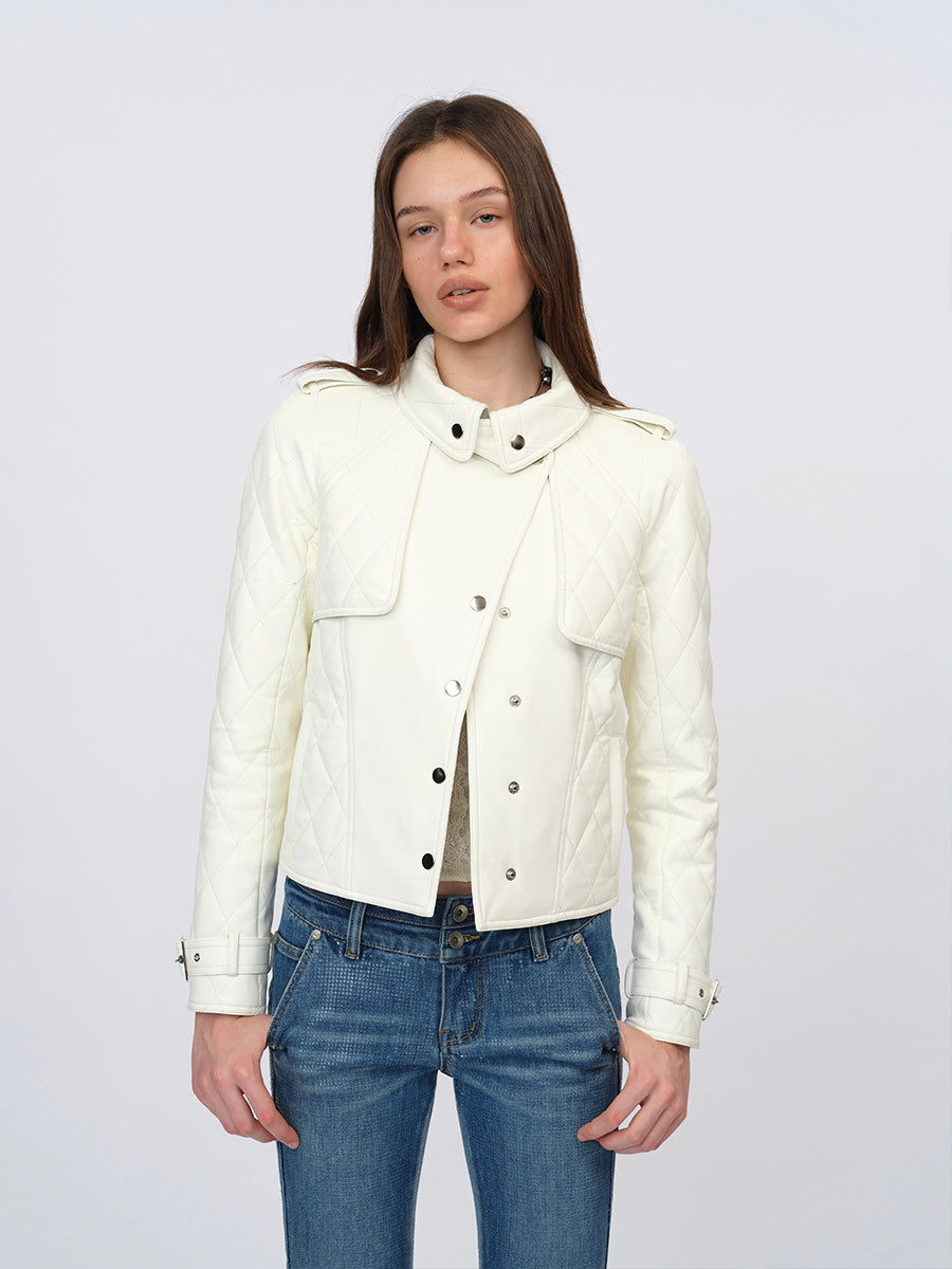 Dotyears White Slim-Fit Leather Jacket with Cotton-Knit Panels
