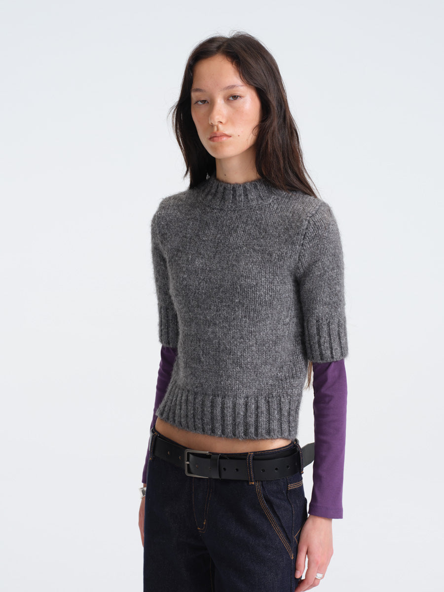 Hughum Gray Chunky Knit Mid-Sleeve Sweater