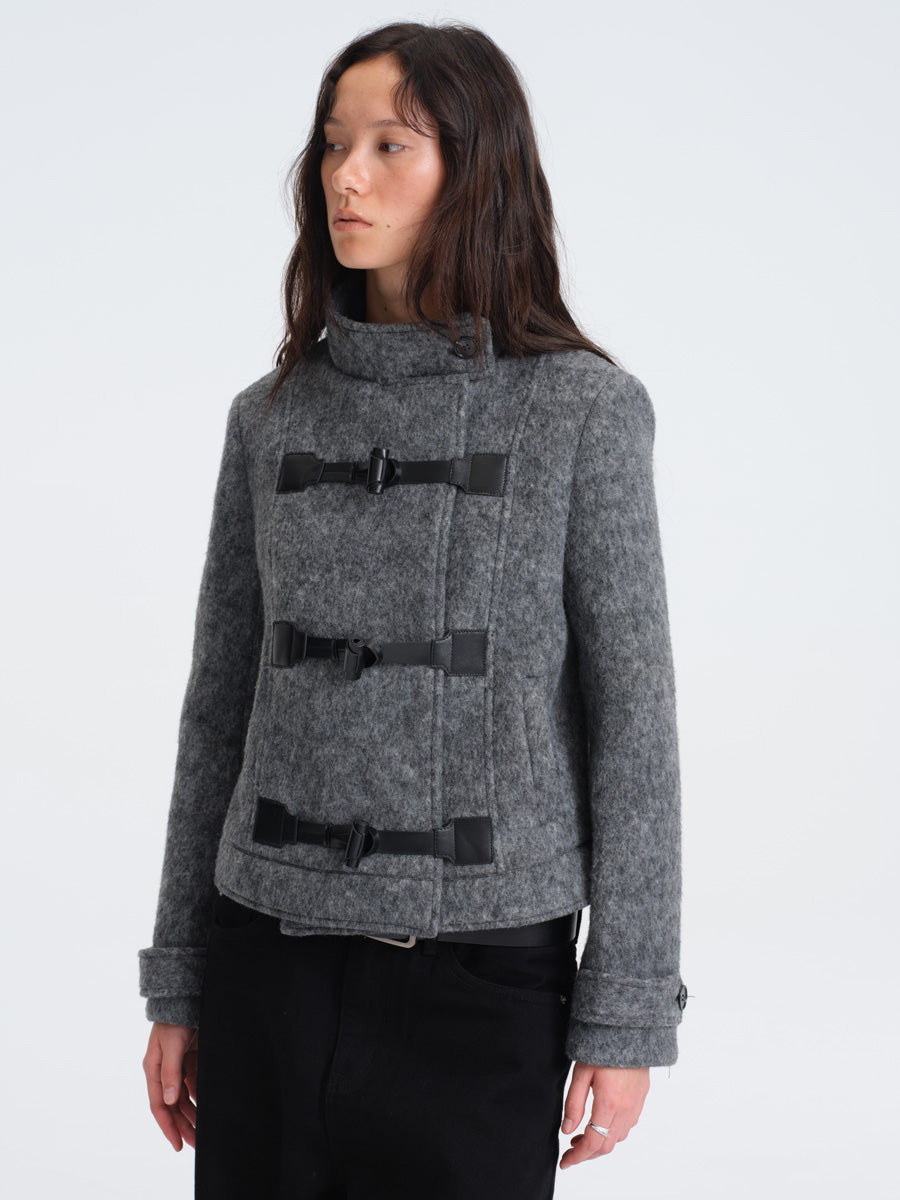 Hughum Gray Wool Coat with Leather Buttons