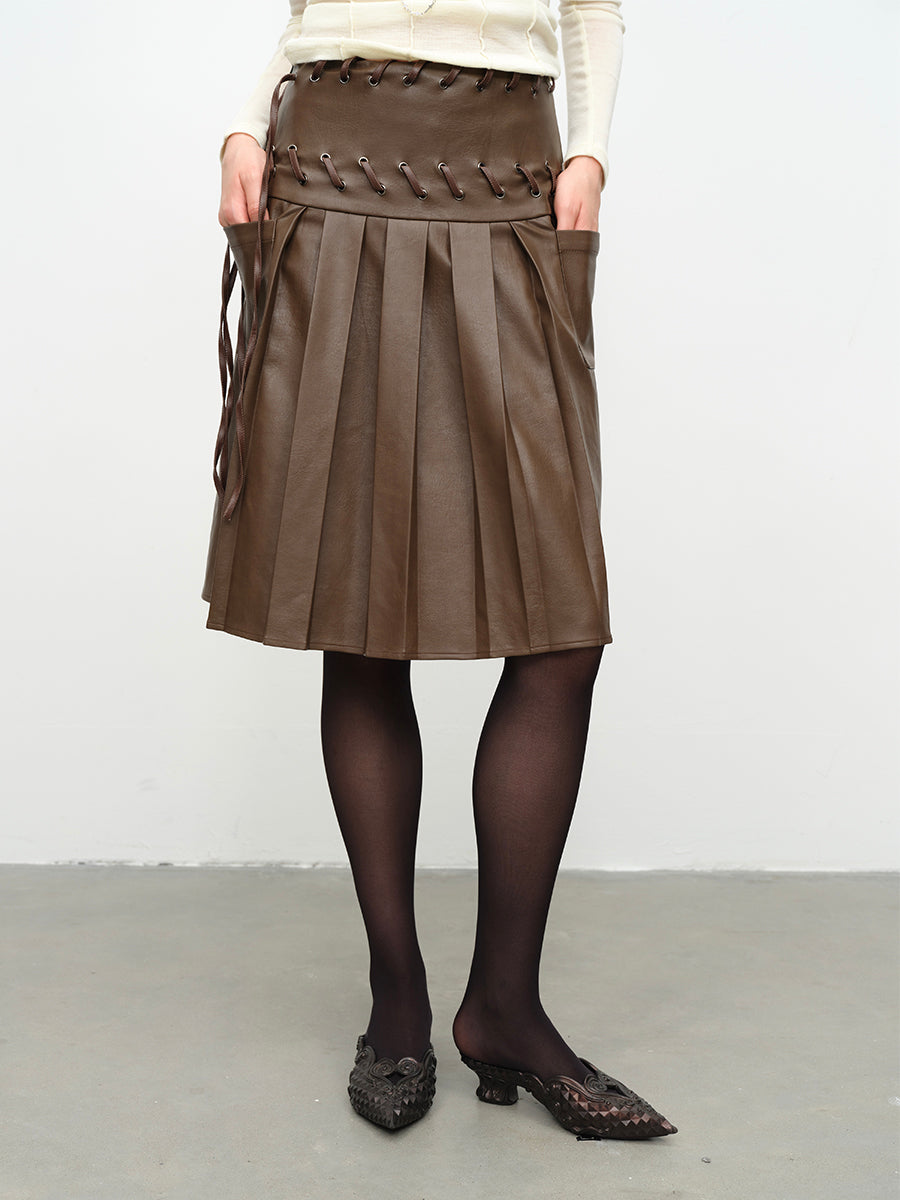 Dotyears24AW Heavy industry machine eye lace brown pleated leather skirt