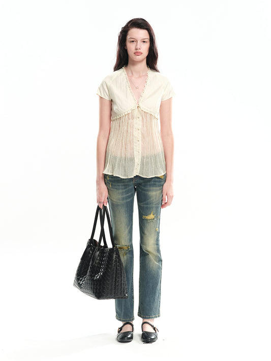 Dotyears encel spliced pleated A-line cardigan top