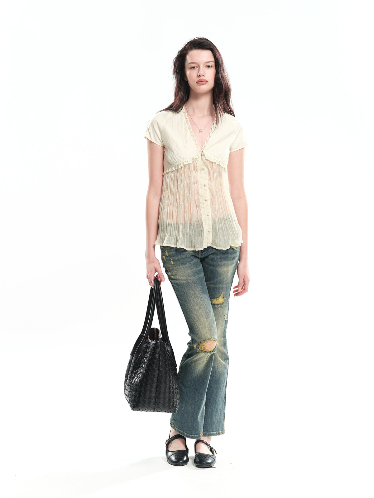 Dotyears encel spliced pleated A-line cardigan top