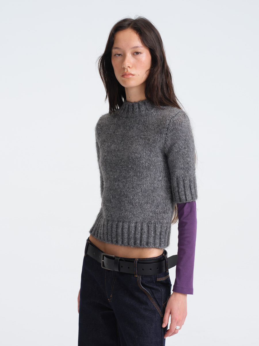 Hughum Gray Chunky Knit Mid-Sleeve Sweater