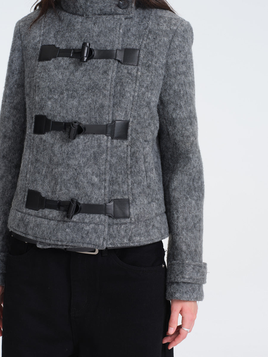 Hughum Gray Wool Coat with Leather Buttons