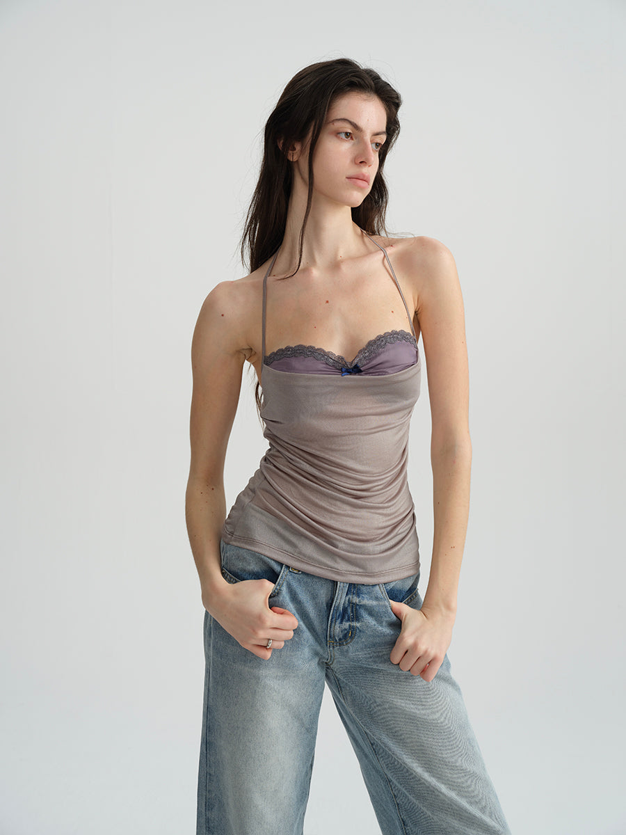 Dotyears Purple panelled chest cups, ruched fit, faux-two-piece suspenders