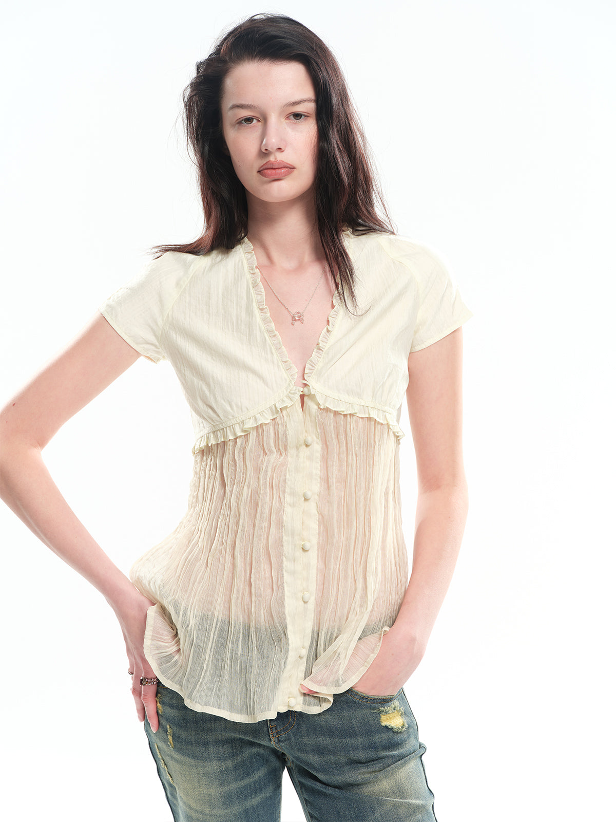 Dotyears encel spliced pleated A-line cardigan top