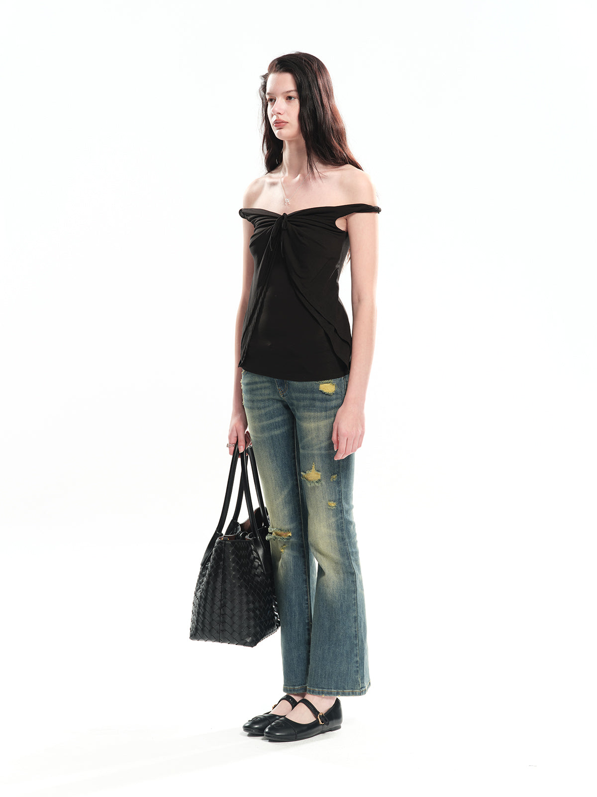 Dotyears Twist Knot Off-the-shoulder Knit Top (Two Colors: Black & Pink)