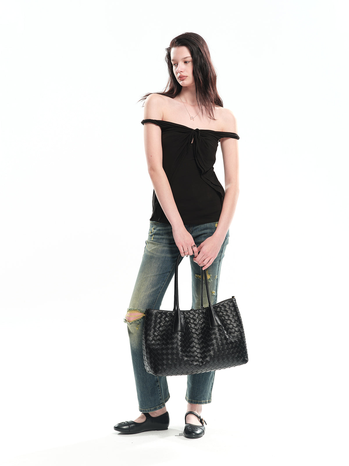 Dotyears Twist Knot Off-the-shoulder Knit Top (Two Colors: Black & Pink)