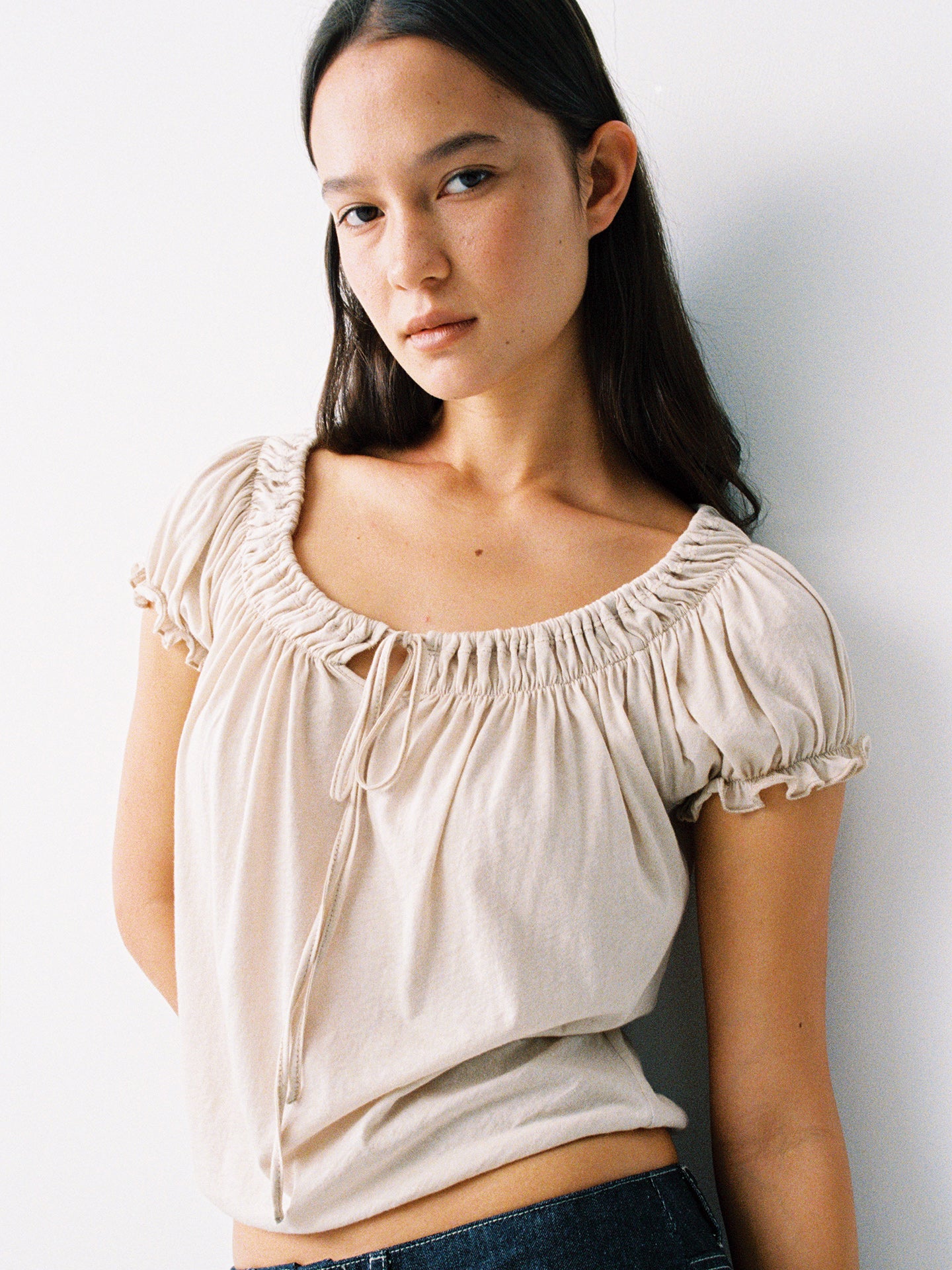 Hughum Cotton-Feel Drawstring Tie Short Sleeve Top