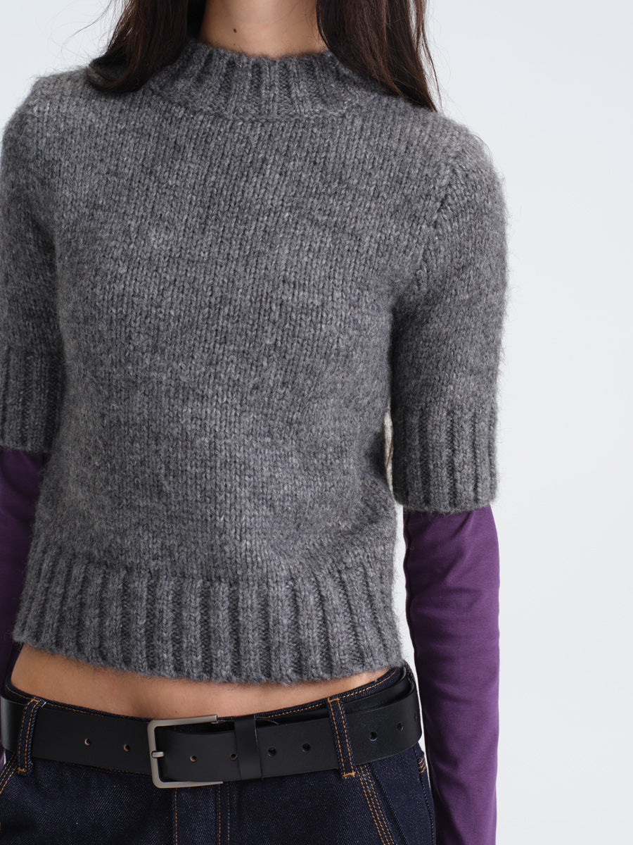 Hughum Gray Chunky Knit Mid-Sleeve Sweater