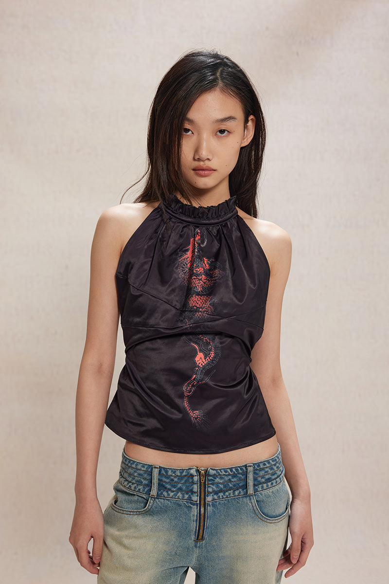 Dotyears24ss Year of the Dragon print halterneck satin camisole