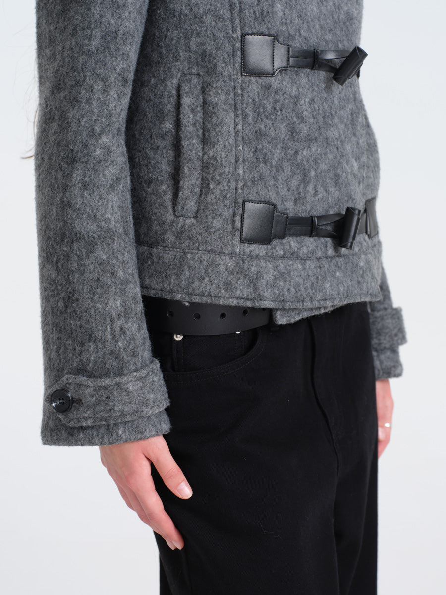 Hughum Gray Wool Coat with Leather Buttons